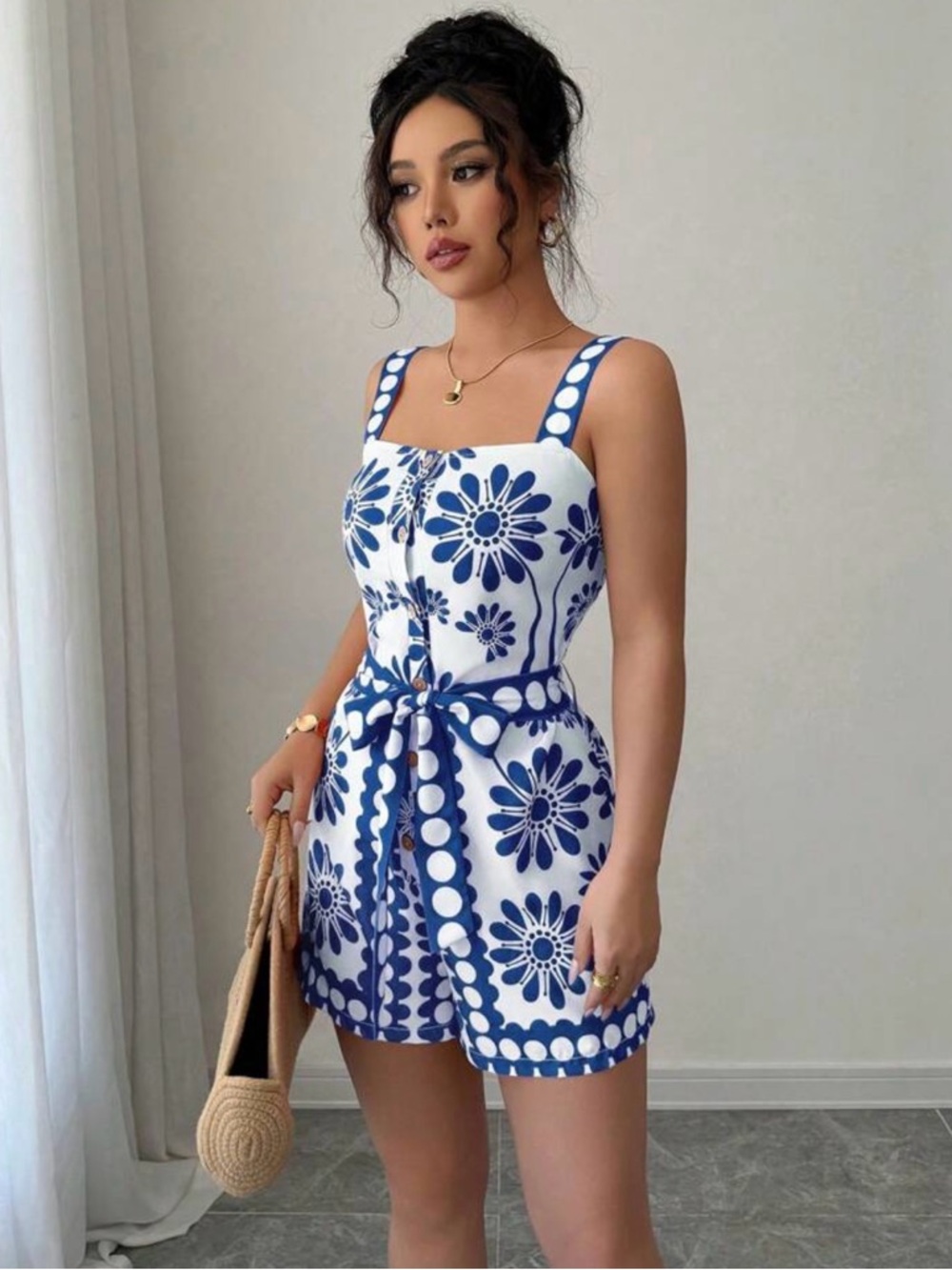 Blue & White Floral Tie-Waist Mini Dress